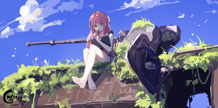 Pink-Haired Anime Girl Sitting on an Overgrown Tank