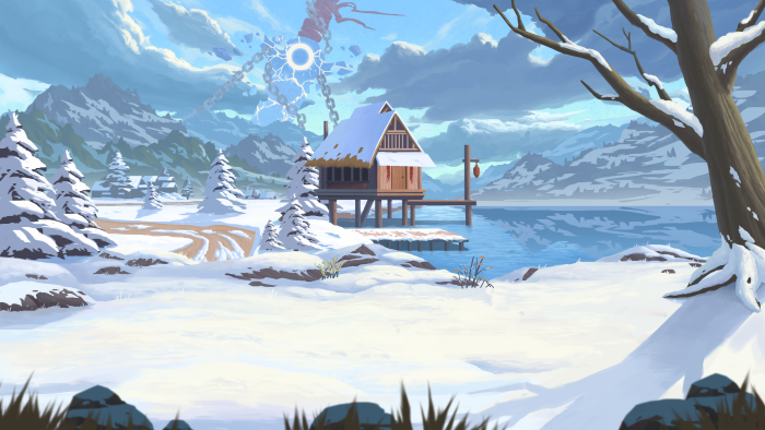 Stylized Snowy Lake House with Magical Sky Portal