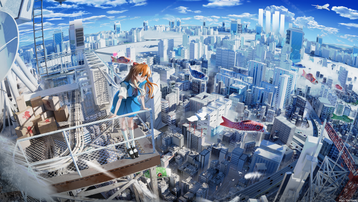 Asuka Langley Soryu from Evangelion overlooking Tokyo-3