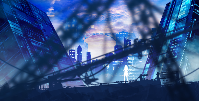 Silhouette of a girl in a futuristic blue city