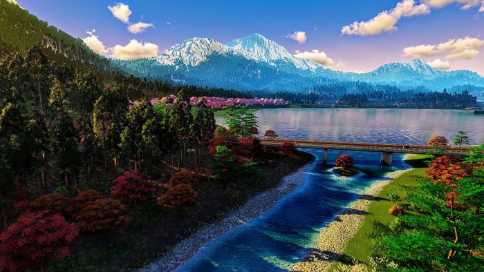 Scenic Mountain Landscape with Lake and Bridge