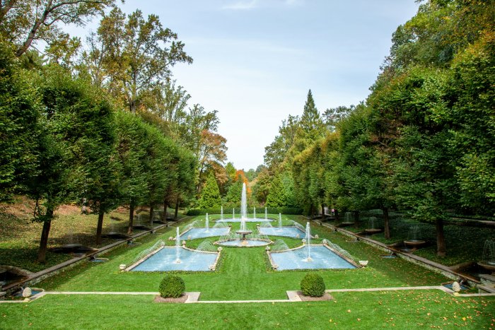 Symmetrical Water Garden with Fountains and Trees