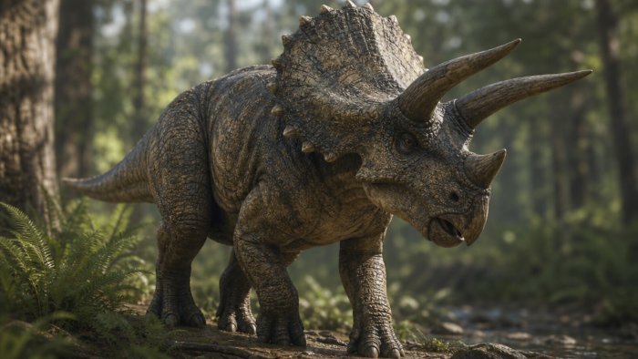 Triceratops dinosaur walking through a prehistoric forest