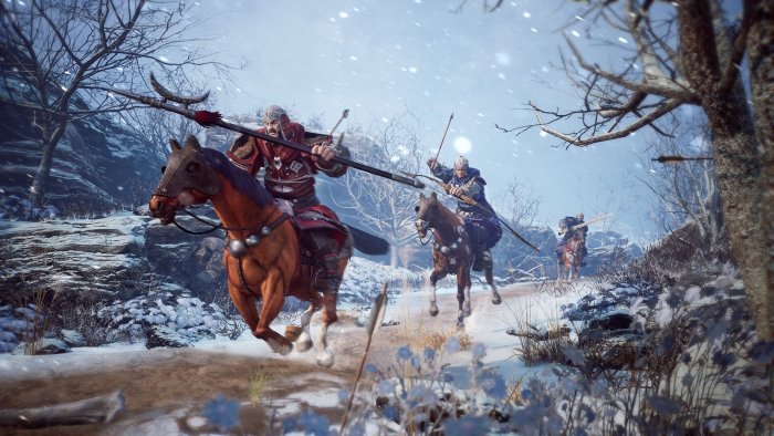 Mounted warriors charging through snow in Feng Yan Si Qi