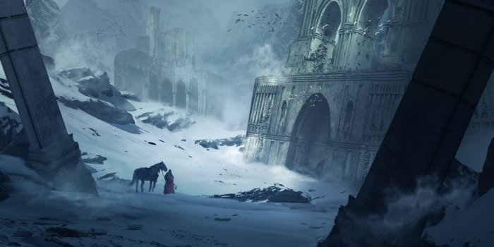 Traveler in Red Cloak with Horse by Snowy Ruins