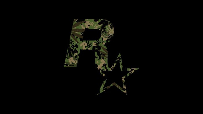 Rockstar Games Logo with Camouflage and Cannabis Pattern