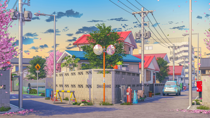 Quiet Japanese Street Corner with Cherry Blossoms