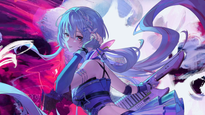Anime girl with blue hair playing a keytar