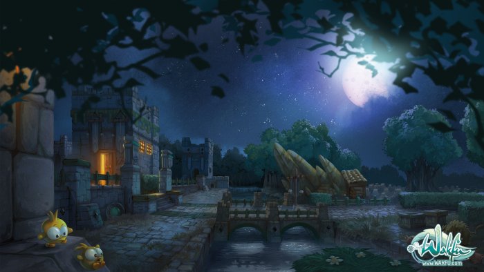 Two Tofus Outside a Stone Castle at Night in Wakfu