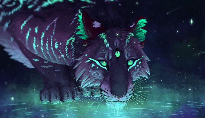 Three-Eyed Cosmic Tiger Gaia Drinking Glowing Water