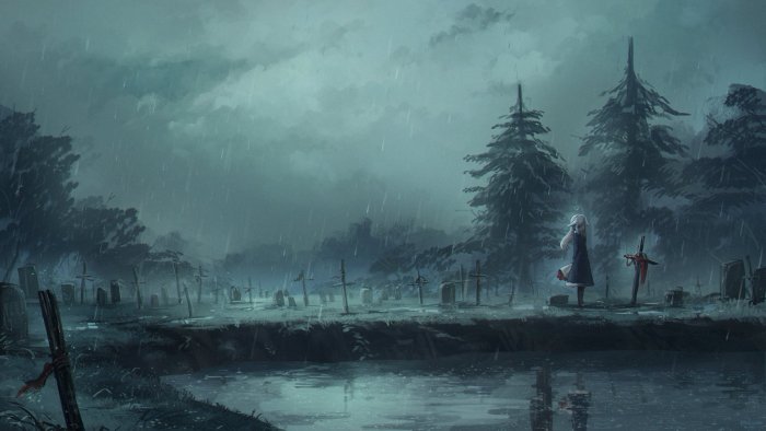 Plana from Blue Archive in a Rainy Graveyard