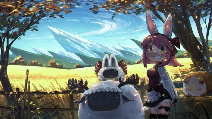 Anime Rabbit Girl with Fantasy Sheep in Sunny Field