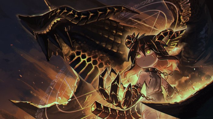 Anime Dragon Girl with Chains and Giant Dragon