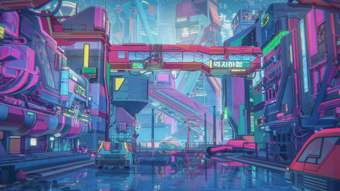 Futuristic Cyberpunk City Street with Neon Lights