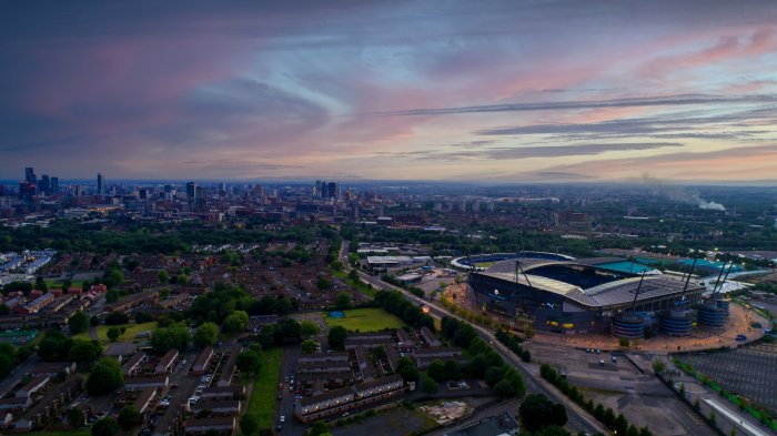 Aerial View of Etihad Stadium and Manchester Skyline