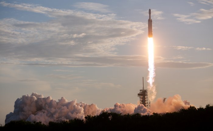 SpaceX Falcon Heavy Rocket Launching Into Sky