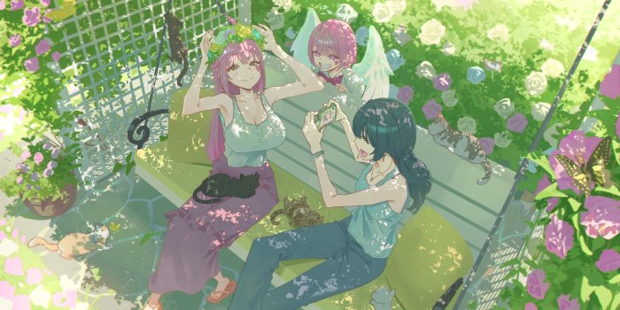 Anime Girls and Cats on a Garden Bench