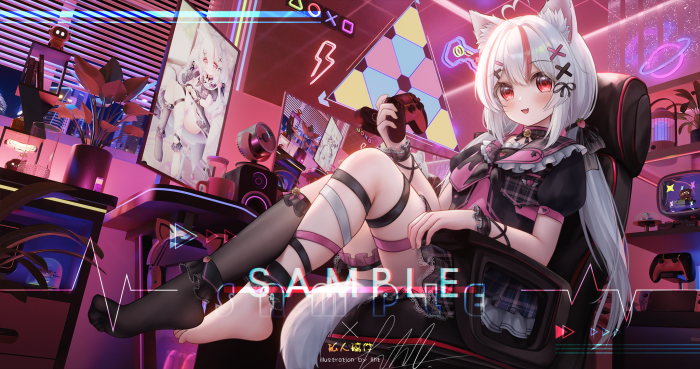 White-Haired Anime Cat Girl Gamer in Gaming Chair