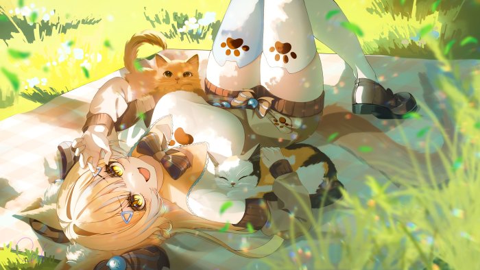Anime Cat Girl Lying on Picnic Blanket with Cats