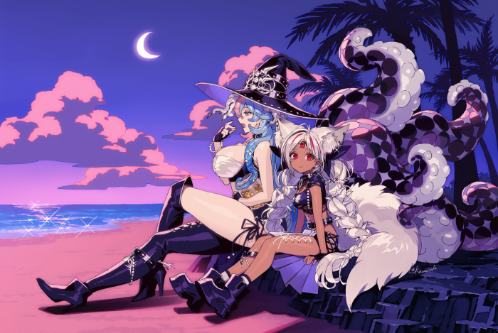 Anime Witch and Beast Girl on a Night Beach