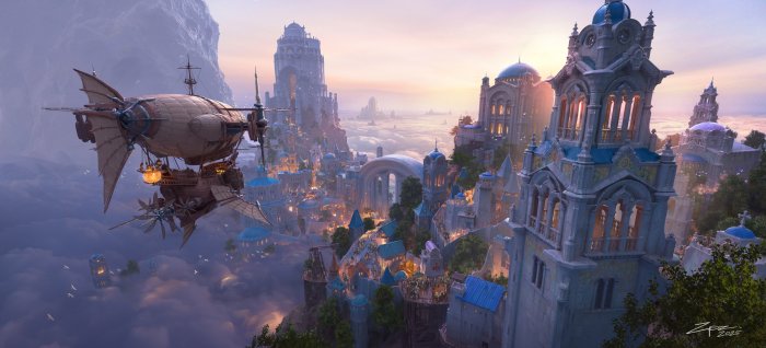 Fantasy City Above the Clouds with Steampunk Airship