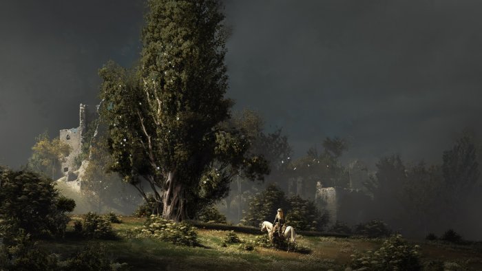 Lone rider on a white horse by an ancient tree
