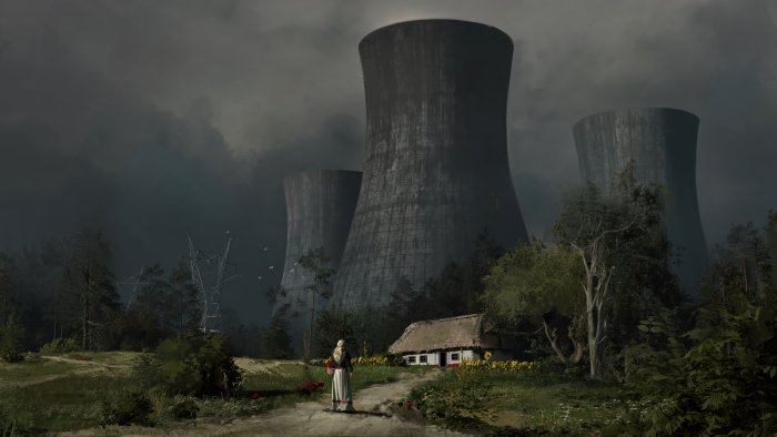 Woman walking towards cottage under massive cooling towers