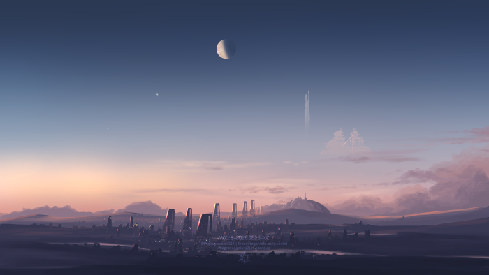 Futuristic Sci-Fi Cityscape Under a Twilight Sky