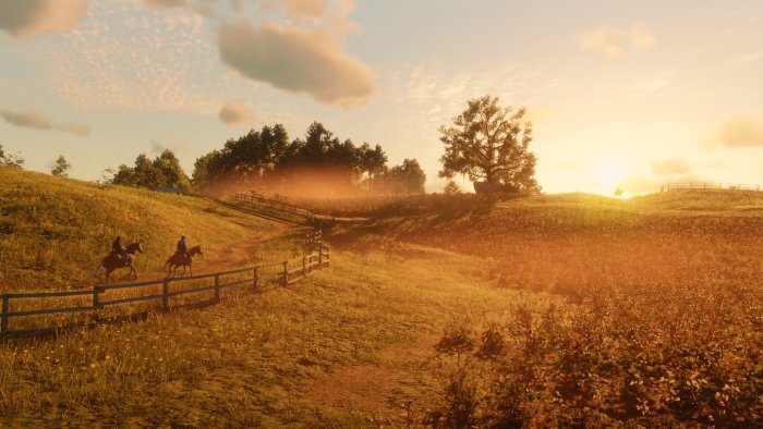 Horse riders at sunset in Red Dead Redemption 2