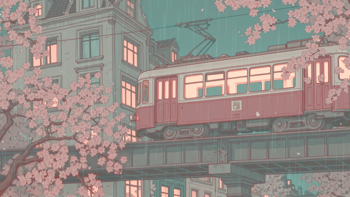 Red Tram and Cherry Blossoms in the Rain