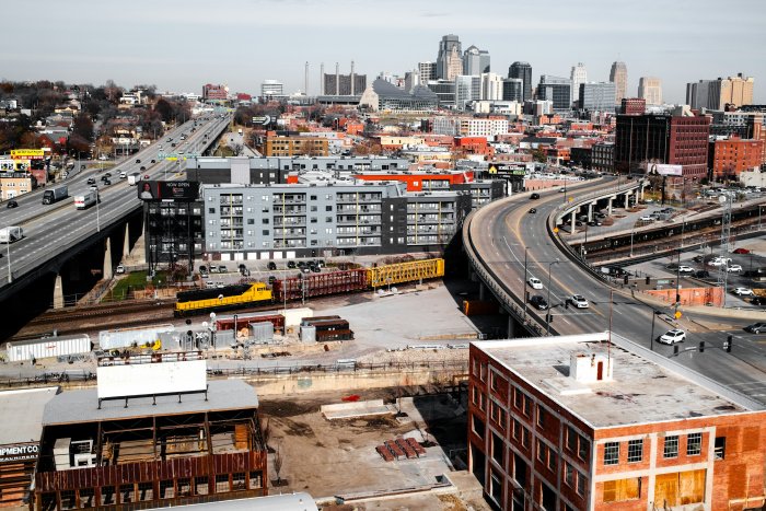 Aerial View of Kansas City Skyline with Train