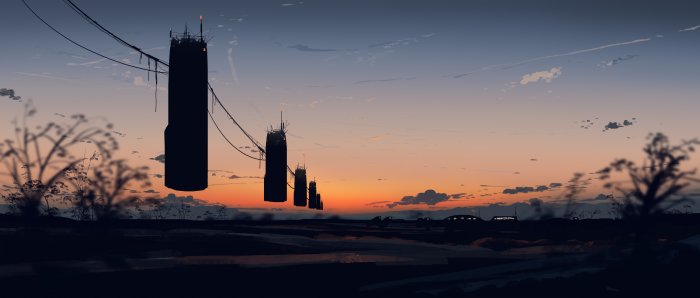 Floating Sci-Fi Towers Connected by Cables at Sunset