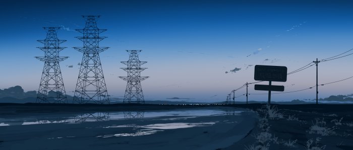Twilight landscape with power line towers and wet road