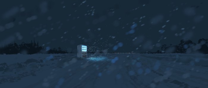Glowing vending machine in a snowy night landscape