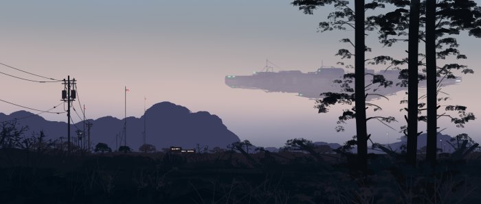 Futuristic Spaceship Hovering Over Rural Landscape at Dusk