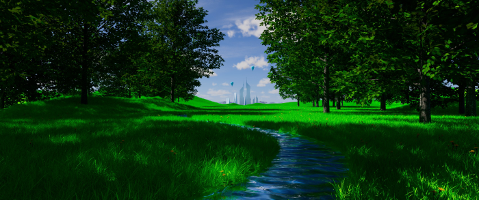 Futuristic city viewed from a grassy meadow with stream