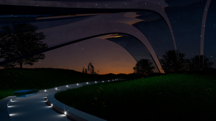 Futuristic park pathway under a starry night sky