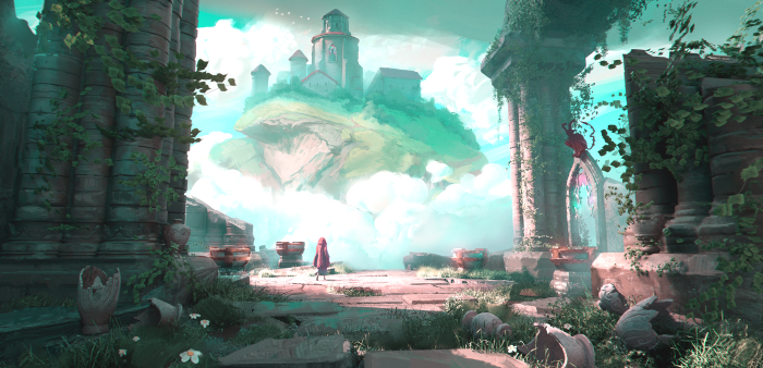 Red hooded figure looking at a floating castle