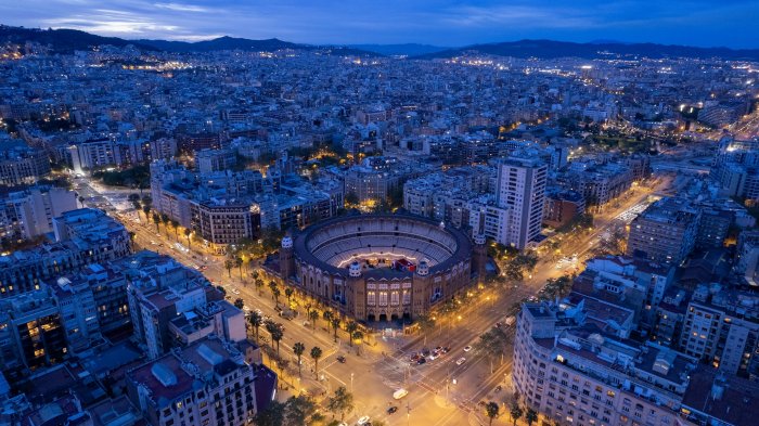 Aerial view of La Monumental bullring in Barcelona at night