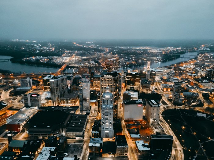 Aerial View of Hartford City Skyline at Night
