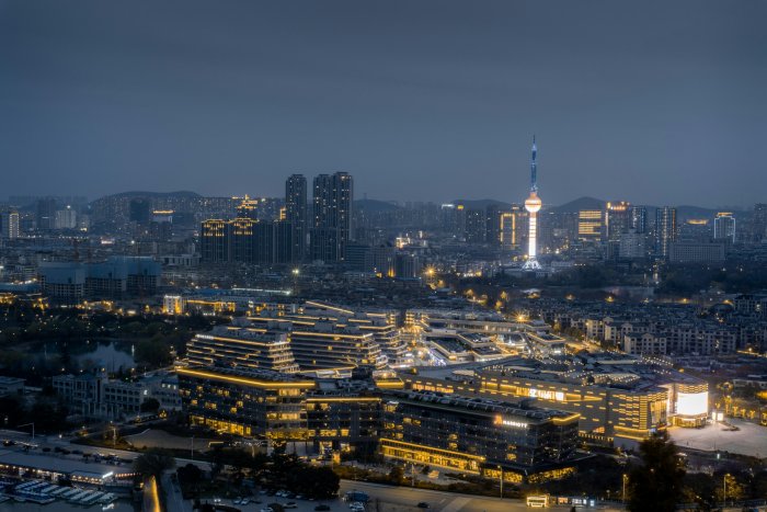Aerial View of a City Skyline at Night