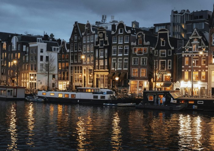 Amsterdam Canal Houses and Houseboats at Night