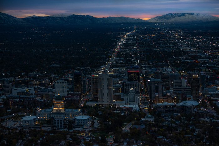 Salt Lake City skyline and capitol building at night