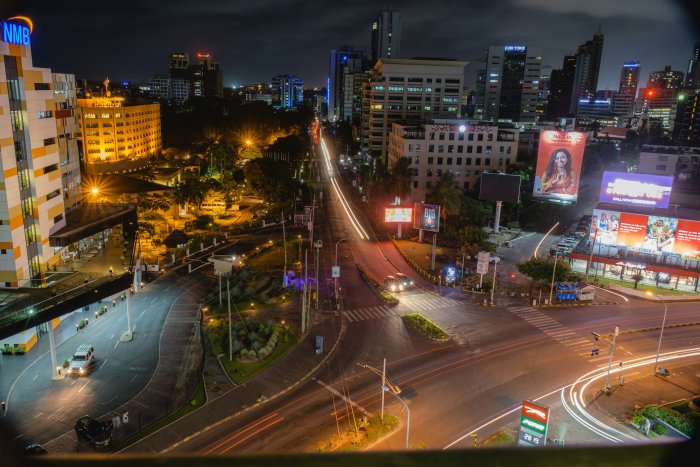 Night View of a City Intersection and Buildings