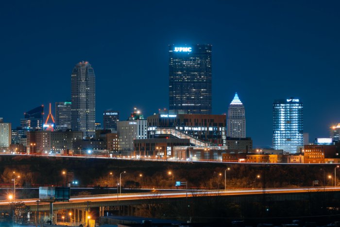 Pittsburgh Skyline at Night with Highway Light Trails