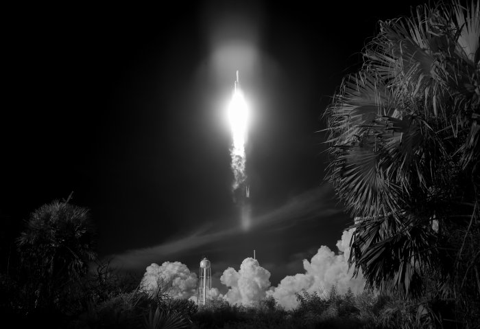 SpaceX Falcon Heavy Rocket Launch in Black and White