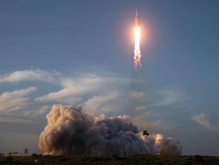 SpaceX Falcon Heavy Rocket Launching Into the Sky