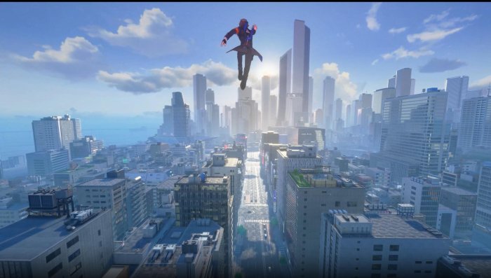 Character floating above a modern city in Ananta