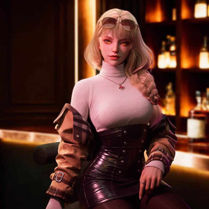Blonde Woman in Turtleneck and Leather Skirt