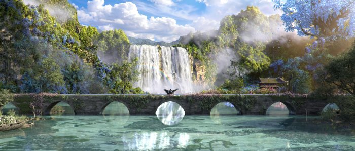 Fantasy stone arch bridge in front of a waterfall